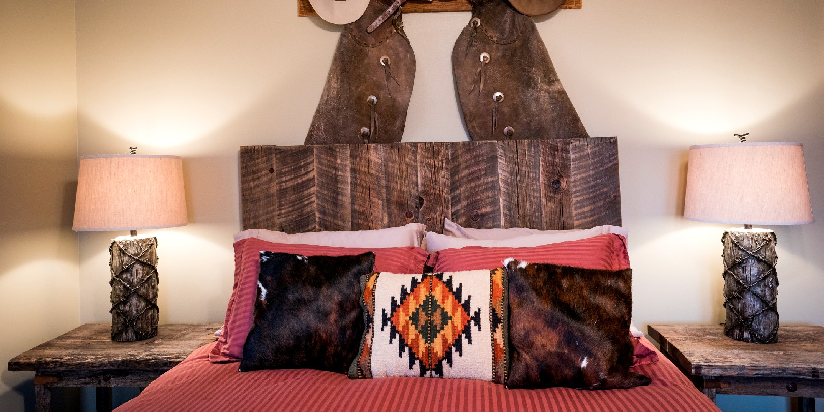 Western decor of bedroom at a ranch in Montana