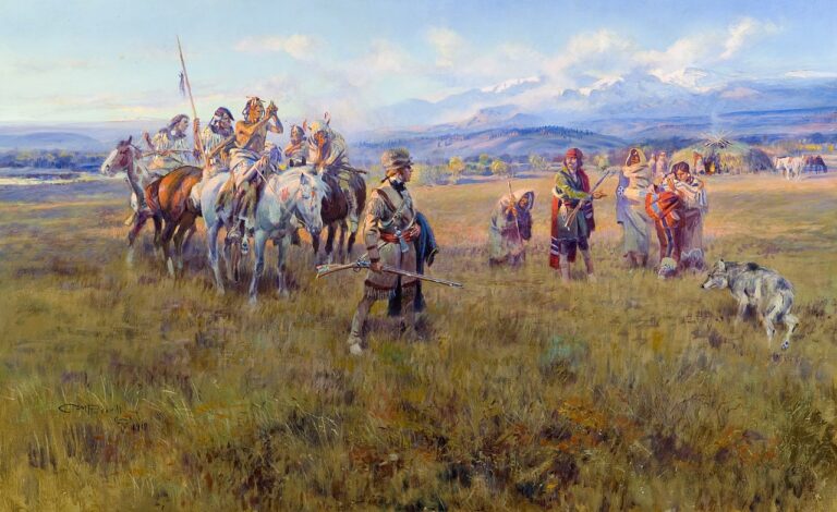 painting of Lewis and Clark Reach Shoshone Camp Led by Sacajawea